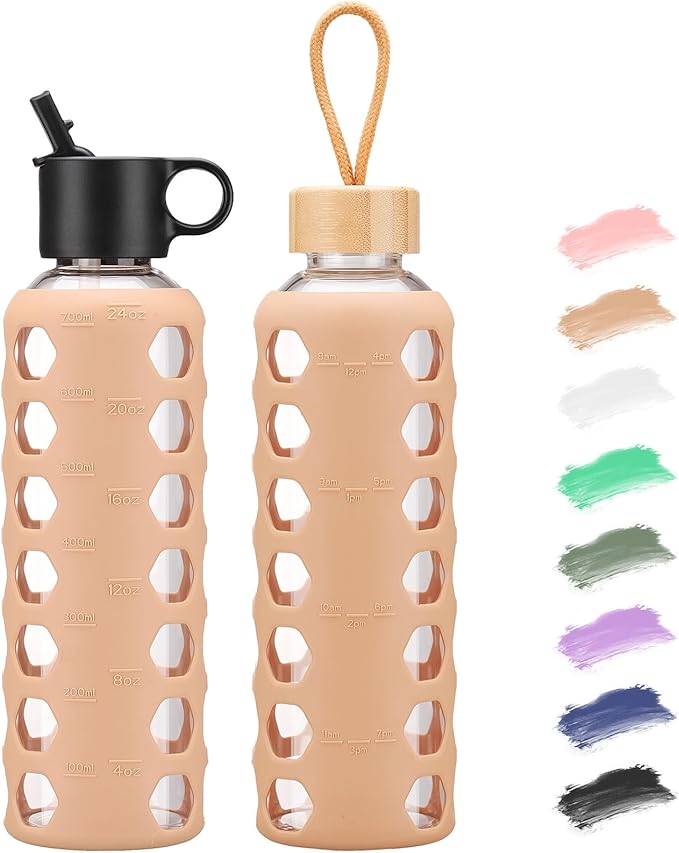 MUKOKO Glass Water Bottles, 24oz Glass Tumbler, Drinking Bottles with 2 Lids-Handle Flip Straw Lid&Bamboo Lid, Motivational Water Bottle with Time Marker and Silicone Sleeve, Leakproof-1 Pack-Amber