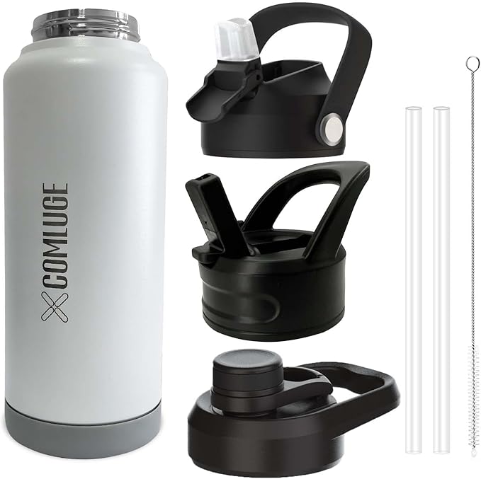 white 32 oz insulated water bottle with straw stainless steel water bottle,double wall,leak proof water bottles with 3 lids,travel,gym mens water bottle(Pearl Grey, 32oz)