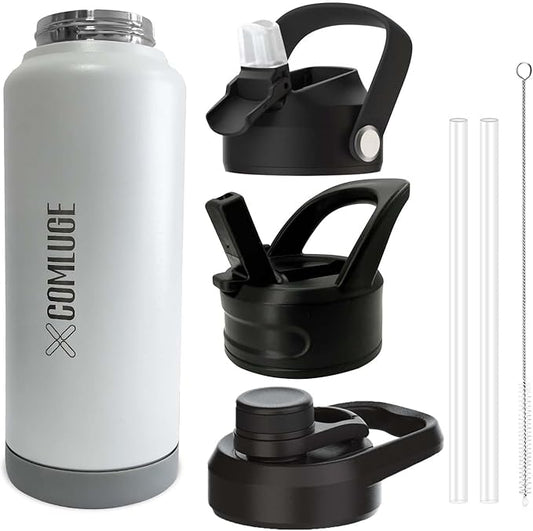 white 32 oz insulated water bottle with straw stainless steel water bottle,double wall,leak proof water bottles with 3 lids,travel,gym mens water bottle(Pearl Grey, 32oz)