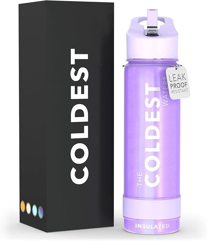 Coldest Sports Water Bottle with Straw Lid Vacuum Insulated Stainless Steel Metal Thermos Bottles Reusable Leak Proof Flask for Sports Gym (24 oz, Saturn's Moon Purple Glitter)