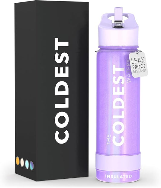 Coldest Sports Water Bottle with Straw Lid Vacuum Insulated Stainless Steel Metal Thermos Bottles Reusable Leak Proof Flask for Sports Gym (24 oz, Saturn's Moon Purple Glitter)