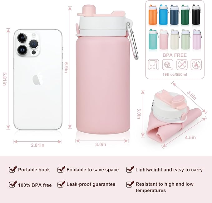 Collapsible Water Bottle, Foldable Water Bottle BPA Free Reusable Lightweight Leak-Proof Travel Silicone Water Bottle for Travel, Gym, Hiking, Office, Camping