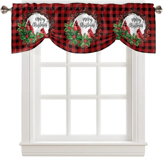 Merry Christmas Blackout Tie Up Valance Curtains for Kitchen Windows Winter Cardinal Holly Berries Window Toppers Balloon Shades for Living Room/Bathroom/Bedroom,1 Panel,42" X 18" Red Black Plaid