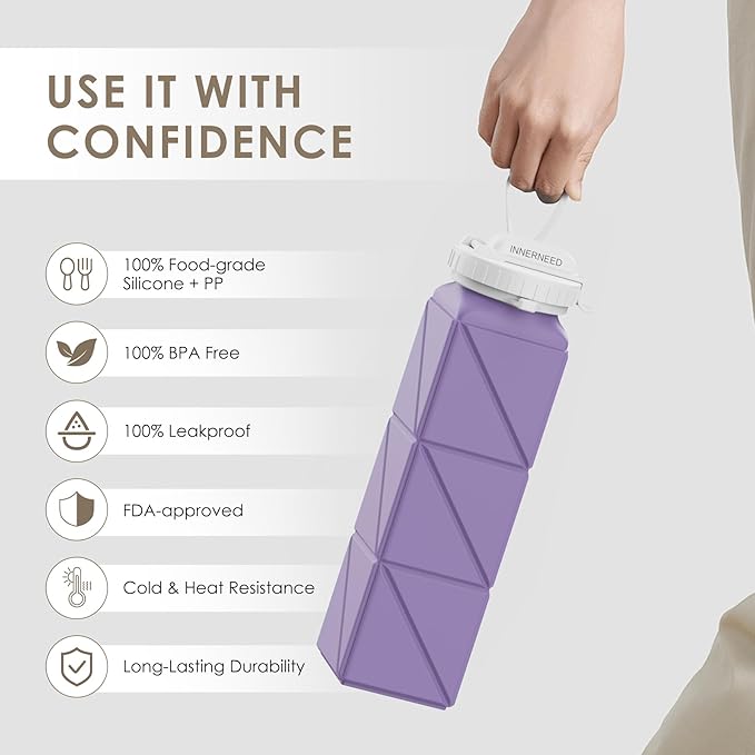 INNERNEED Collapsible Drinking Water Bottle with Straw, Reuseable Leakproof BPA Free Silicone Foldable Sports Gym Bottle, with Carrying Strap (1pack, Purple)