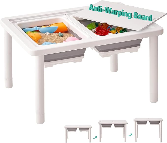 FUNLIO Wooden Sensory Table with 2 Bins for Toddlers 1-5, 3-Level Height Adjustable Kids Sensory Table with Anti-Warping Plywood Lid, Indoor/Outdoor Play Sand and Water Table, CPC Certified, White