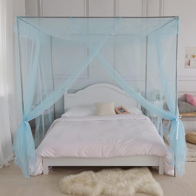 Bed Canopy, Princess Bed Curtain Net for Girls & Adults, Three-Doors Rectangular Lace Dome Netting (Blue, King)