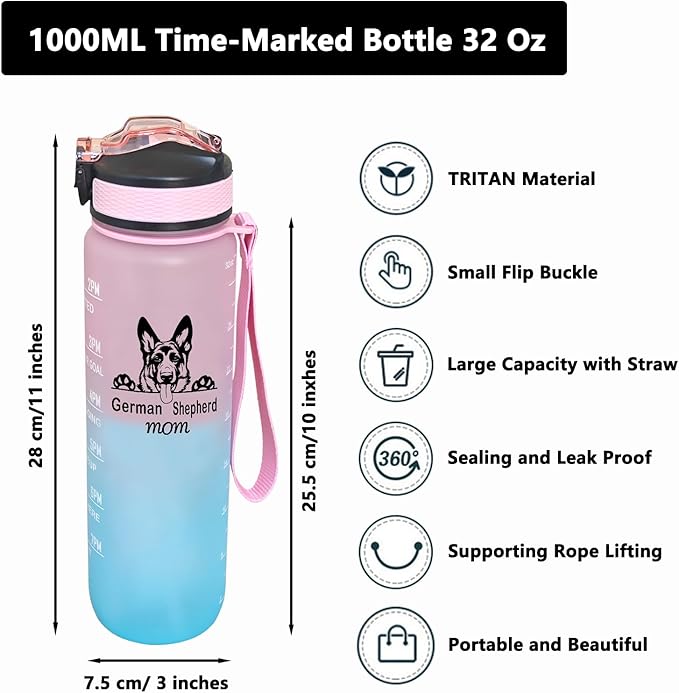 German Shepherd Mom Water Bottle with Straw, Carry Strap, LeakProof, Tritan BPA Free, 32 Oz Motivational Water Bottle with Time Marker to Drink Enough Water for Gym Fitness Outdoor