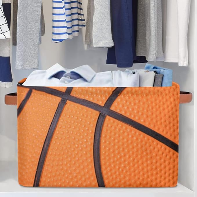 Basketball Print Storage Basket Collapsible Rectangular Storage Bin Large Fabric Storage Boxes Organizer 1Pc with Leather Handles for Clothes Toys Books Kitchen Laundry