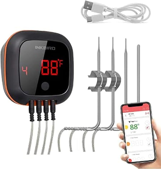 Inkbird IBT-4XS Bluetooth Wireless Grill BBQ Thermometer for Grilling with 4 Probes, Timer, Alarm,150 ft Barbecue Cooking Kitchen Food Meat Thermometer for Smoker, Oven, Drum