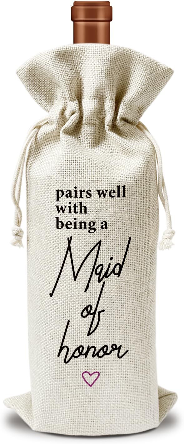 Maid of Honor Gift Wine Gift Bag, 1pcs Reusable Burlap Drawstring Wine Gifts Bag for Wine Bottles, Wedding Engagement Bridal Shower Holiday Party Favor -02