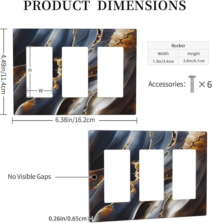 Gradient Abstract Ripple Blue Gold Marble Printed 3 Gang Rocker Light Switch Covers Triple Outlet Wall Plate Decorative Switchplate Cover Faceplate GFCI for Kitchen Bathroom Bedroom Decor