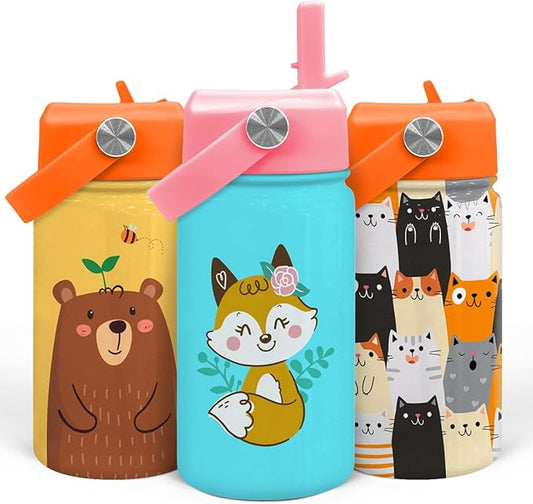 Fox Water Bottle - Kids Water Bottle with Straw Lid - 12 Oz Insulated Stainless Steel Water Bottles for Toddlers Kid Girl - Travel Cup for School Sports