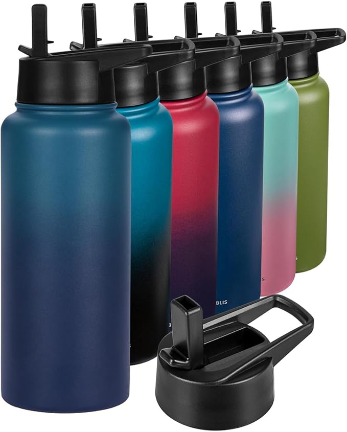 Water Bottle Insulated 32oz Straw Lid, Leak Proof, Vacuum Insulated,Stainless Steel Water Bottle Wide Mouth for Sports, Gym, BPA-Free Keep Cold 24H Hot 12H (NAVY GREEN)