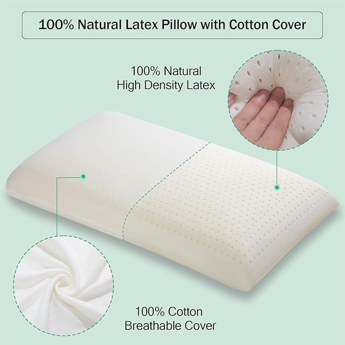 Talalay 100% Natural Premium Latex Pillow, Queen Bed Pillow with Removable Cotton Cover, Helps Relieve Pressure, Sleeping Pillow Suitable for Back and Side Sleepers and as Travel Pillow, Best Gift