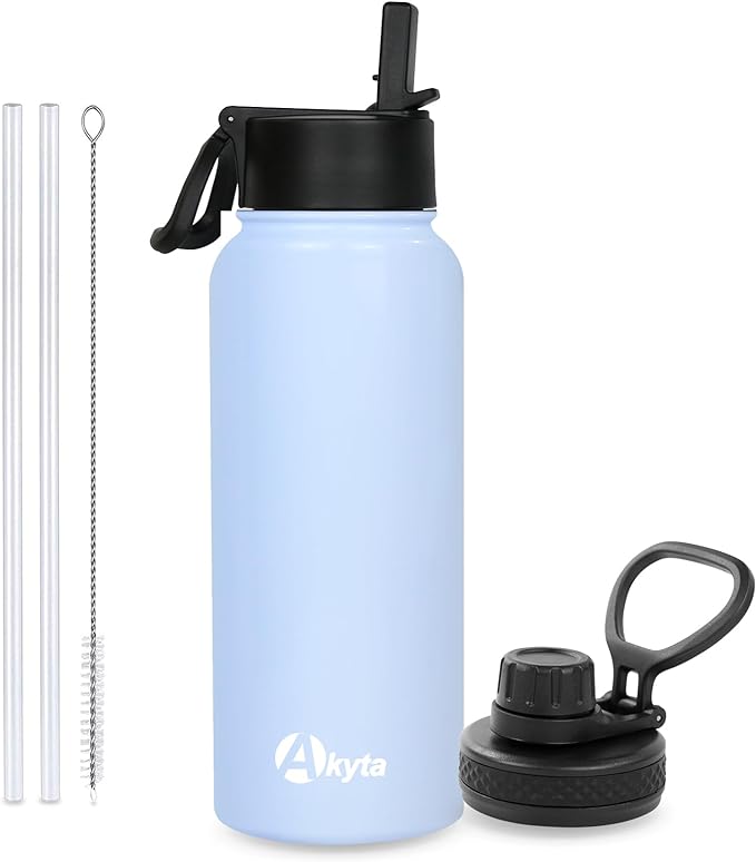 Sports Stainless Steel Water Bottle with Straw, Spout lid-32OZ -Wide Mouth Vacuum Insulated Thermos Water Bottles, Keep Water Cold/Hot, Metal Water Bottle for Biking Hiking (Light Blue, 32OZ)