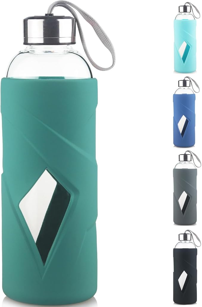 32 oz Borosilicate Glass Water Bottle BPA Free Reusable Glass Drinking Bottle with Silicone Sleeve and Stainless steel Lid