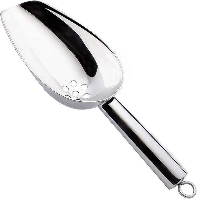 JBscoop Ice Scoop with Holes. Stainless Steel Ice Scoop with Drain Holes to Reduce Unwanted Dilution. Heavy Duty and Dishwasher Safe. Six Ounce Capacity.