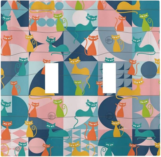 Mid Century Modern Atomic Cute Cats Double Toggle Light Switch Covers 2 Gang Wall Plate Dual Decorative Switchplate Electrical Faceplate for Kidroom Nursery Bedroom Decor