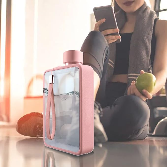 Flat Water Bottle, Portable A5 Water Bottle, 13oz Flat Travel Flask for Camping Fitness Gym (Pink)