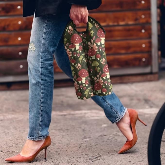 doginthehole Mushroom Neoprene Wine Tote Bags for 2 Wine Bottle, Portable Travel Carrying Case for Champagne/Water Bottle/Beer/Drinks Carriers Bag, 750 ML Wine Bottle Insulated Sleeve