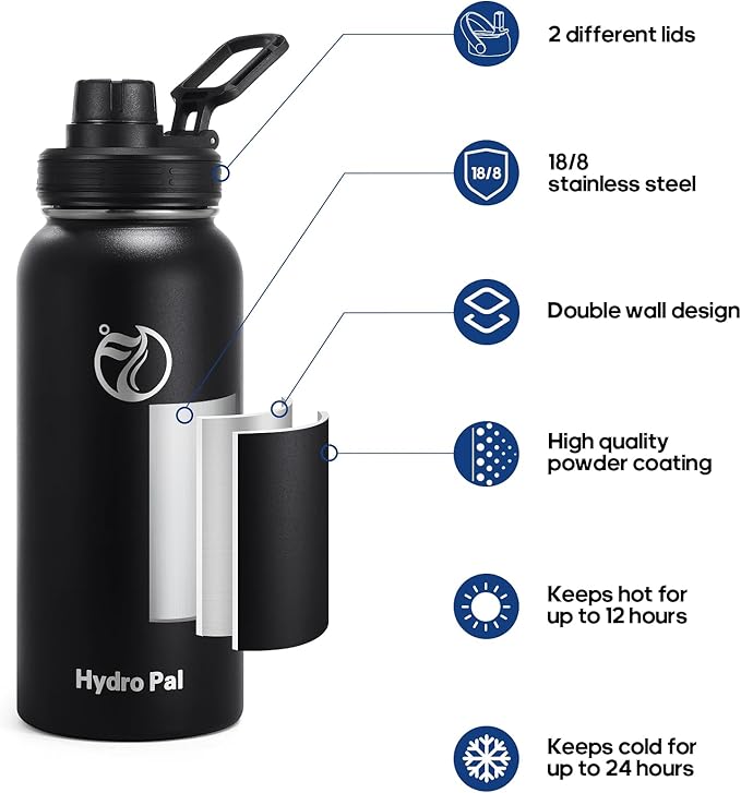 Insulated Water Bottles 32 oz with 2 Leak Proof Lids & Water Bottle Holder, Wide Mouth Sport Water Bottle with Straw, Reusable Stainless Steel Water Flask, Double Walled Vacuum Thermos