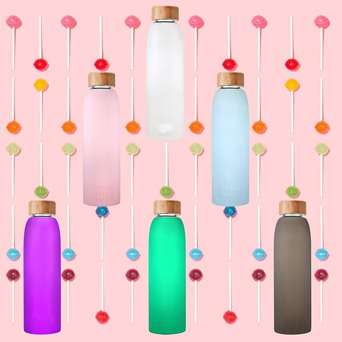 Glass Water Bottle with Protective Silicone Sleeve and Bamboo Lid Urban green, 18oz, 1extra 304 Stainless Steel Lid with Handle, BPA Free, Dishwasher Safe, Best gift