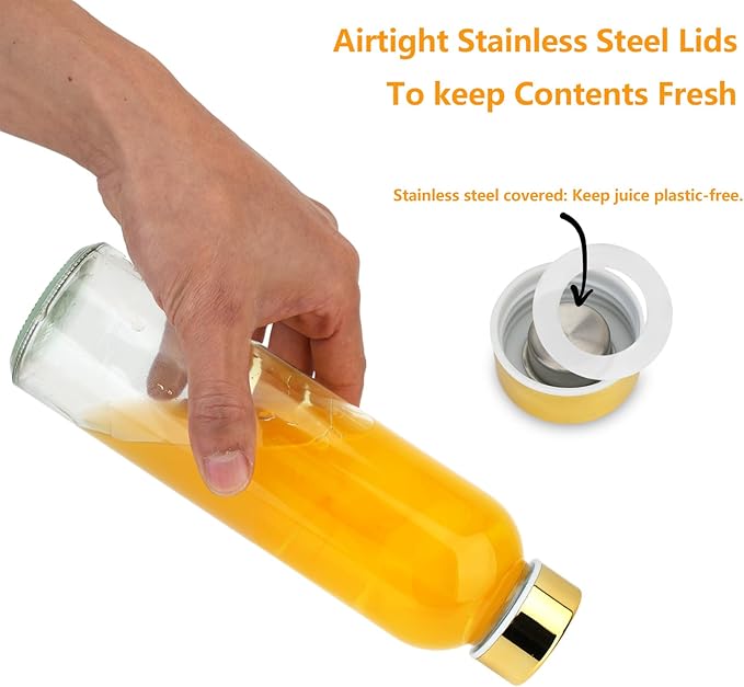 Glass Juice Bottles with Lids for Juicing 18 oz, Reusable Clear Glass Water Bottles with Stainless Steel Airtight Cap for Refrigerator, 100% Leak Proof, BPA Free, Set of 3, Gold