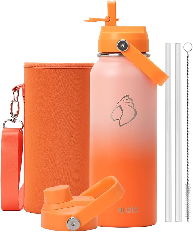 40oz Insulated Water Bottle, BUZIO Stainless Steel Water Flask with Straw Lid and Carrying Pouch, Keep Cold 48h Leak Proof Lead-Free Double Wall Vacuum Thermo Tumbler Sport Metal Canteen, Orange