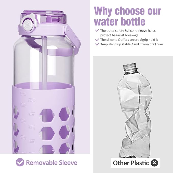 MUKOKO Half Gallon/64 oz Glass Water Bottles with Straw and Lid,Motivational Water Jug with Time Marker Reminder and Silicone Sleeve,100% Leakproof BPA Free Fitness Sports Large Bottle-Purple