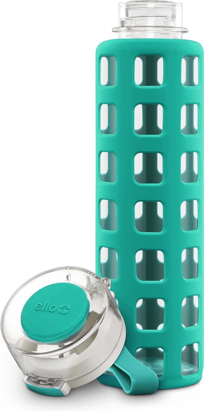 Ello Syndicate Glass Water Bottle with One-Touch Flip Lid and Protective Silicone Sleeve and Carry Loop, BPA Free, Dishwasher Safe,20oz