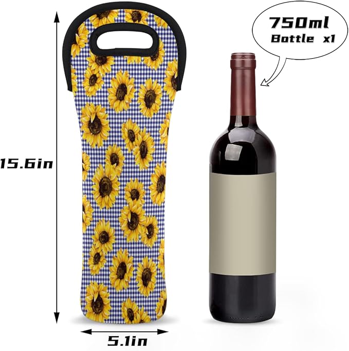 Sunflower Checked Single Bottle Wine Gift Tote Carrier Neoprene Wine Tote Bags Holder Cooler Wine Lover Gift