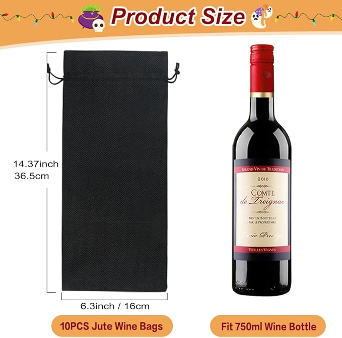 Shintop 10pcs Jute Wine Bags, 14 x 6 1/4 inches Hessian Wine Bottle Gift Bags with Drawstring for Party Halloween Festival Gift Favors (Black)