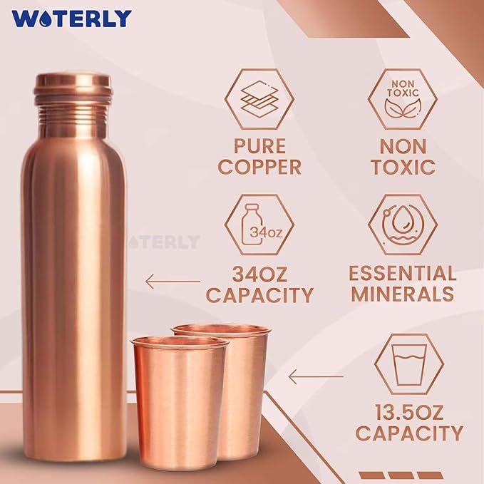 Plain Copper Water Bottle With Set Of 2 Plain Tumbler | Ayurvedic Copper Storage Water Bottle | Pure Authentic Copper Bottle (34 Oz /1000ml ) With Set 2 Copper Tumblers For Drinking