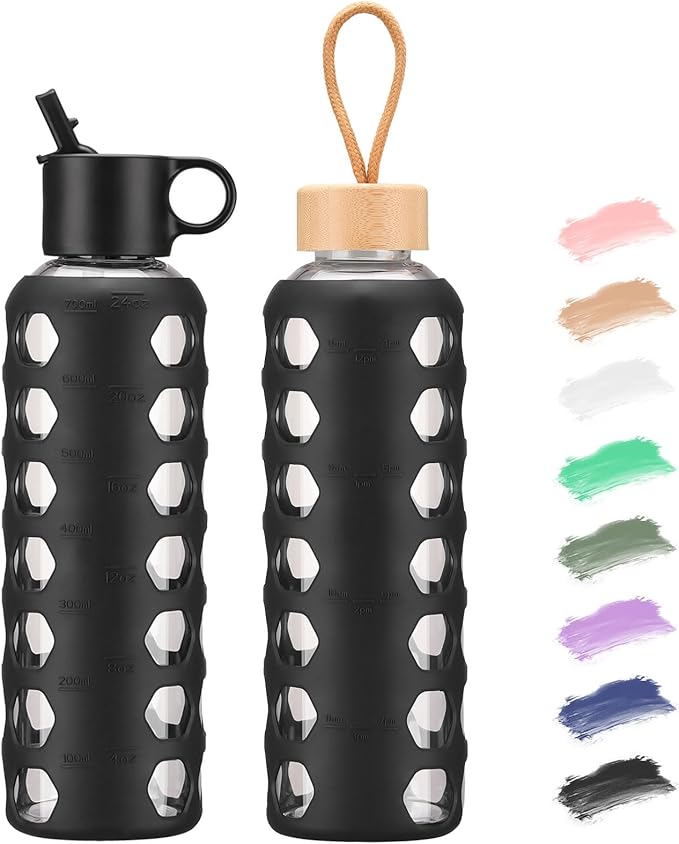 MUKOKO Glass Water Bottles, 24oz Glass Tumbler, Drinking Bottles with 2 Lids-Handle Flip Straw Lid&Bamboo Lid, Motivational Water Bottle with Time Marker and Silicone Sleeve, Leakproof-1 Pack-Black
