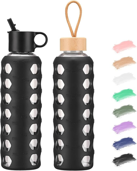 MUKOKO Glass Water Bottles, 24oz Glass Tumbler, Drinking Bottles with 2 Lids-Handle Flip Straw Lid&Bamboo Lid, Motivational Water Bottle with Time Marker and Silicone Sleeve, Leakproof-1 Pack-Black
