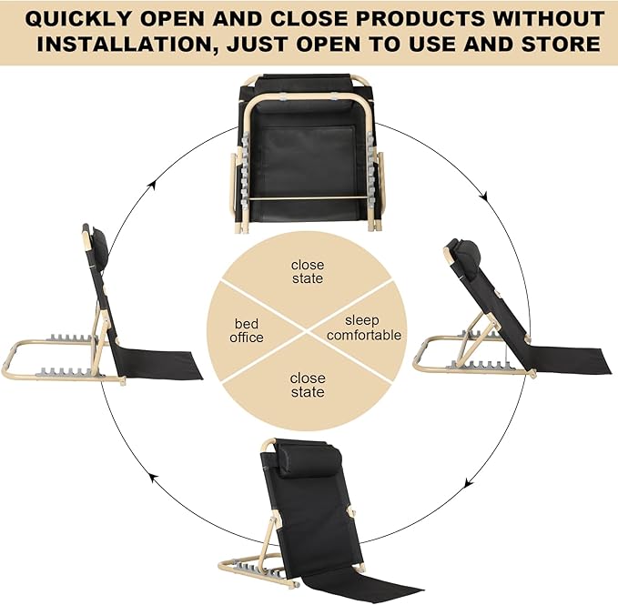 Lifting Bed Backrest Portable Folding Adjustable Sit up Back Rest Multifunction Chair for Bed Change Angle of Backrest for Elderly Patients Back Neck Lumbar Support (Black,23.6 Inch)