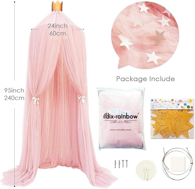 Bed Canopy Mosquito Net with Star Lights，Princess Play Canopy for Girls Room - Dome Net Curtains for Baby Game Dream Castle, Girls Room Decor, Pink