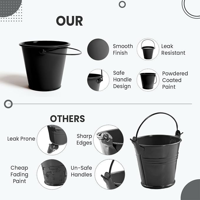 Small Metal Buckets with Handle 6 Pcs – Galvanized Bucket Leak Proof & Rust Resistant 20 fl oz Capacity - Best for Party Décor, Organizing & Decorating Classrooms (Black, Small 4.3" Top)