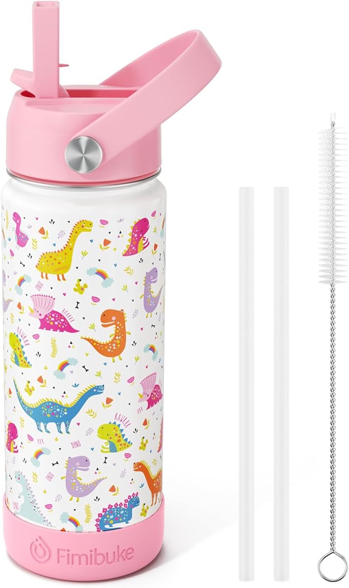 Fimibuke Kids Insulated Water Bottle -18oz BPA-FREE 18/8 Stainless Steel Kid Cup with Straw Travel Tumbler Double Wall Vacuum Leak Proof Toddler Water Bottle for School Boy Girl(1 Pack,White Dinosaur)
