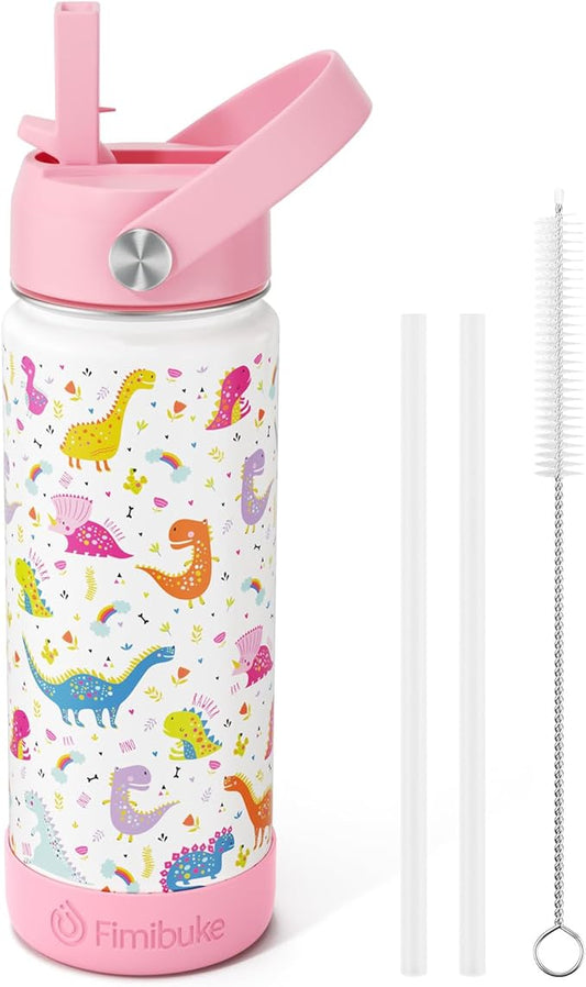 Fimibuke Kids Insulated Water Bottle -18oz BPA-FREE 18/8 Stainless Steel Kid Cup with Straw Travel Tumbler Double Wall Vacuum Leak Proof Toddler Water Bottle for School Boy Girl(1 Pack,White Dinosaur)