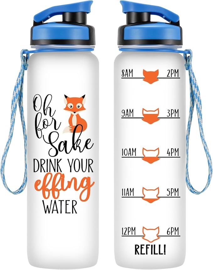 LEADO 32 oz 1 Liter Motivational Water Bottle with Time Marker - for Fox Sake Drink Your Effing Water - Funny Mothers Day, Birthday Gifts for Women Men Mom Daughter Sister Wife Friend Coworker