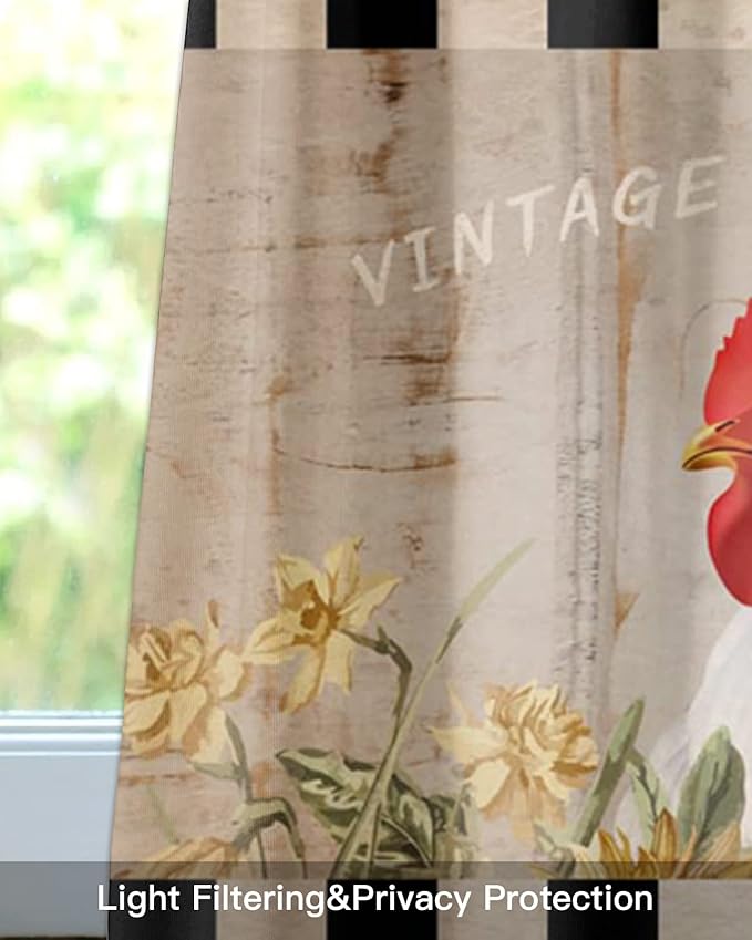 Farmhouse Kitchen Curtains Valances for Windows Sunflower Vintage Farm Chicken Rod Pocket Window Treatment for Kitchen/Living Room/Bedroom/Bathroom,42" X 12" -1 Panel, Black White Plaid