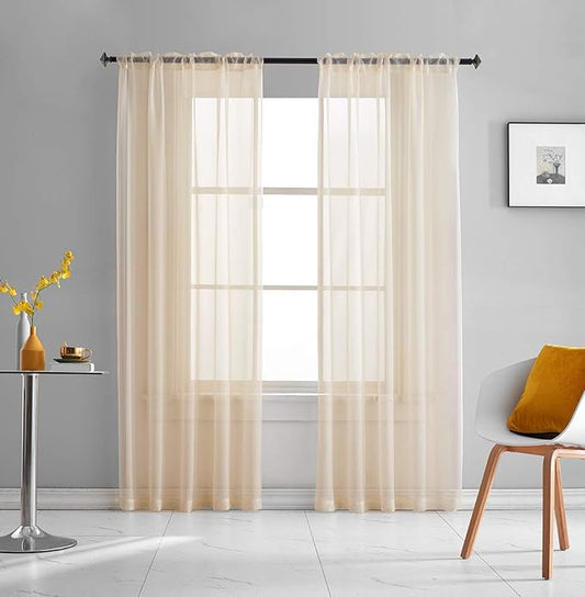 Beige Sheer Curtains 95 Inches long Panels Rod Pocket 2 Panels Translucent Solid Color Voile Beige Drapes for Bedroom Living Room 2 Panels 52x95