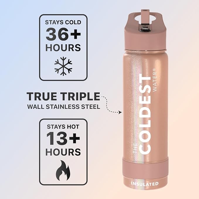 Coldest Sports Water Bottle with Straw Lid Vacuum Insulated Stainless Steel Metal Thermos Bottles Reusable Leak Proof Flask for Sports Gym (24 oz, Golden Rose Glitter)