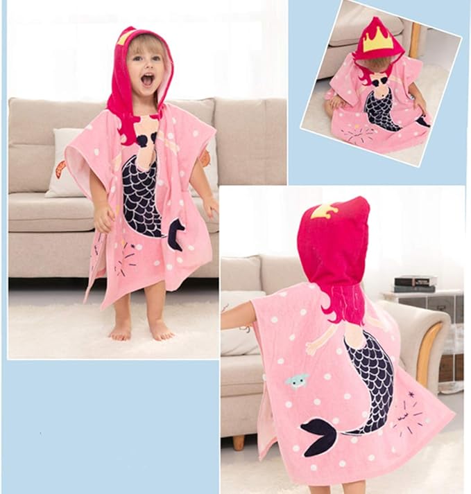 TONWHAR Kids Bath/Pool/Beach Hooded Poncho Towel-Cartoon Animal Pattern Cotton Beach Towel for Baby and Kids (Mermaid, 1-4 Years/Height:33.4"-43.3")