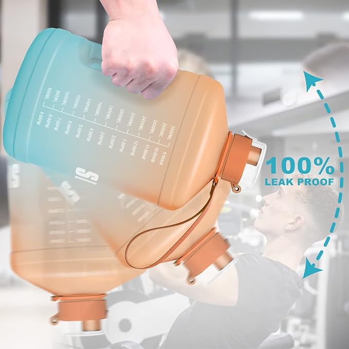 Gallon Big Water Bottle with Handle, 128oz Leakproof BPA Free Fitness Sports Water Bottle with Motivational Time Marker & Wide Mouth Ensure You Drink More Water