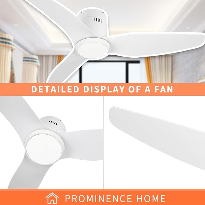 White Ceiling Fan with Light Remote 52in 6Speed Silent Reversible Motor 3CCT Dimmable LED Flush Mount Low Profile Fan Timer Memory Function Modern Plastic Blade Vacation Mode Indoor Outdoor