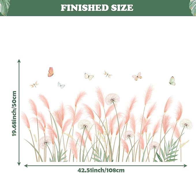 Green Plants Wall Stickers, Reed Flower Dandelion Butterfly Wall Murals Peel and Stick, Wall Decals for Living Room, Wall Décor for Bedroom, Wall Art for Kitchen, Kids Room Décor