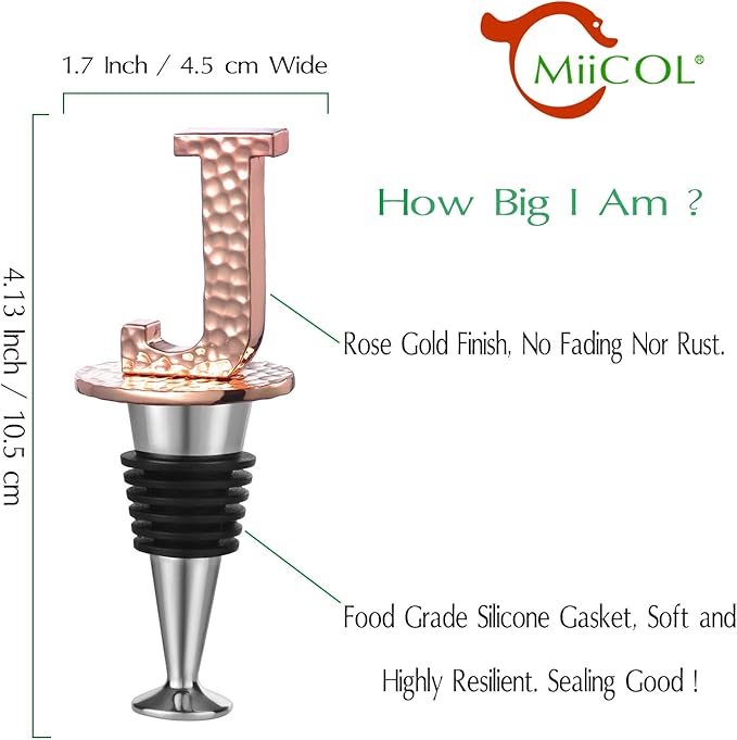 Miicol Wine Stopper, Prosecco Stopper, Wine Bottle Stopper, Personalised Champagne Stopper, Rose Gold Wine Accessories, Wine Lovers Gift, Monogram Gift, Letter J