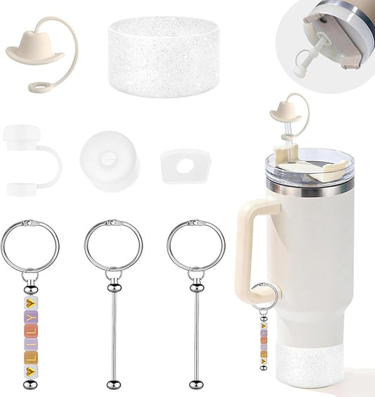 Stanley Cup Accessories Set Including 2 Pcs Silicone Spill Proof Stopper 2 Pcs Beadable Charms 2 Pcs Straw Cover Cap 1 Glitter Silicone Boot Protector for Stanley Cup 40oz & 30oz Tumbler
